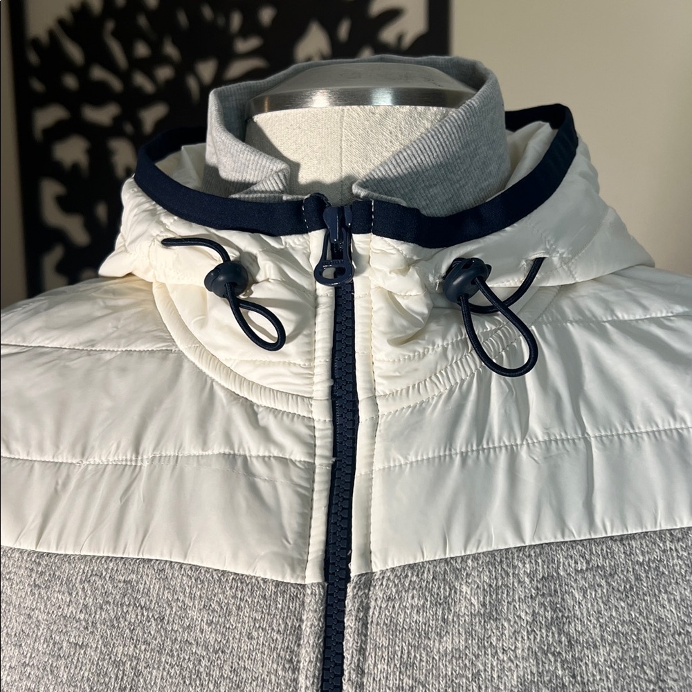 Tommy Hilfiger athluxe hooded fleece puffer hoodie zip jacket gray navy cream M - Picture 2 of 9